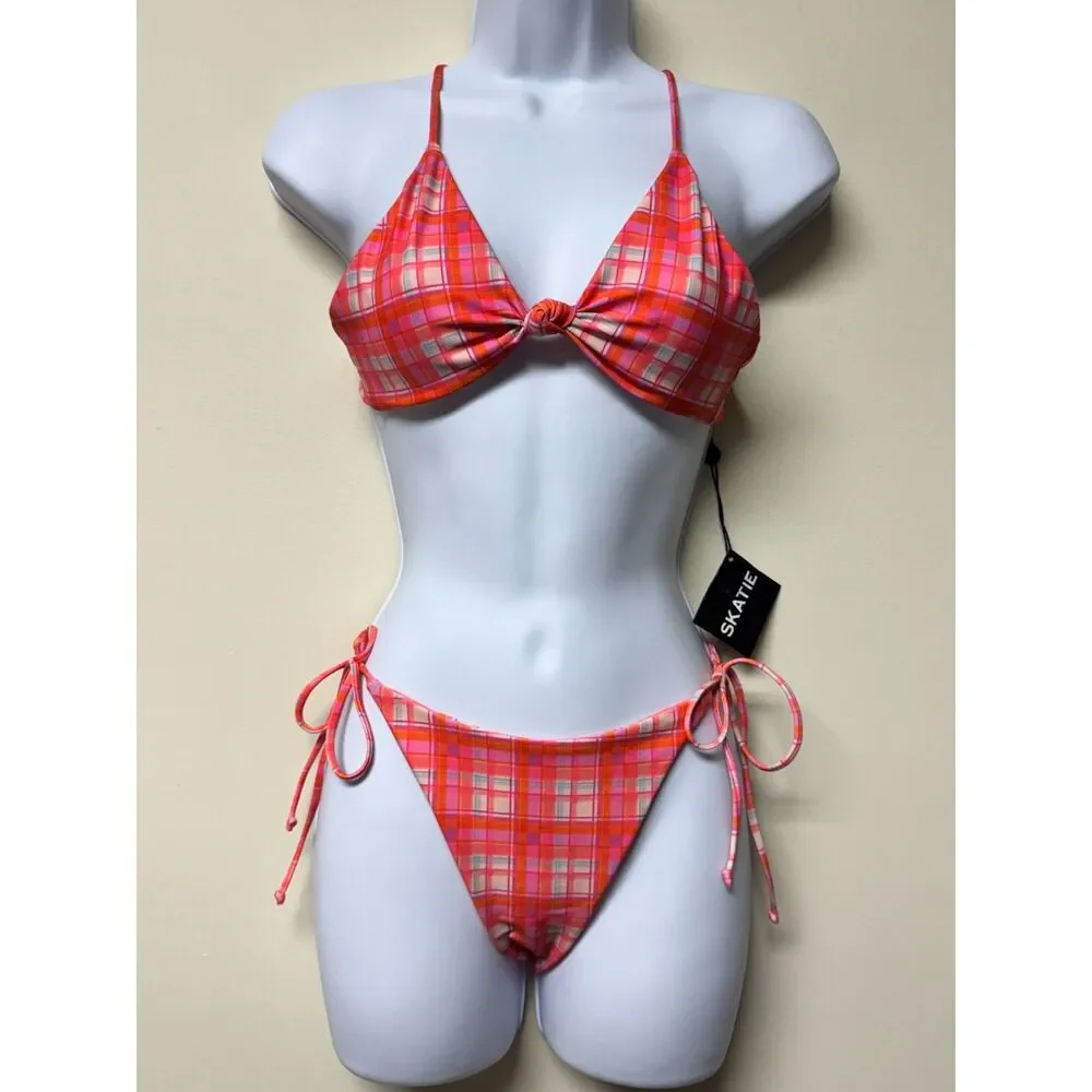 NWT - SKATIE Eco-Friendly Sugar Magnolia Vibrant Pink/Orange Plaid Bikini, Sz S